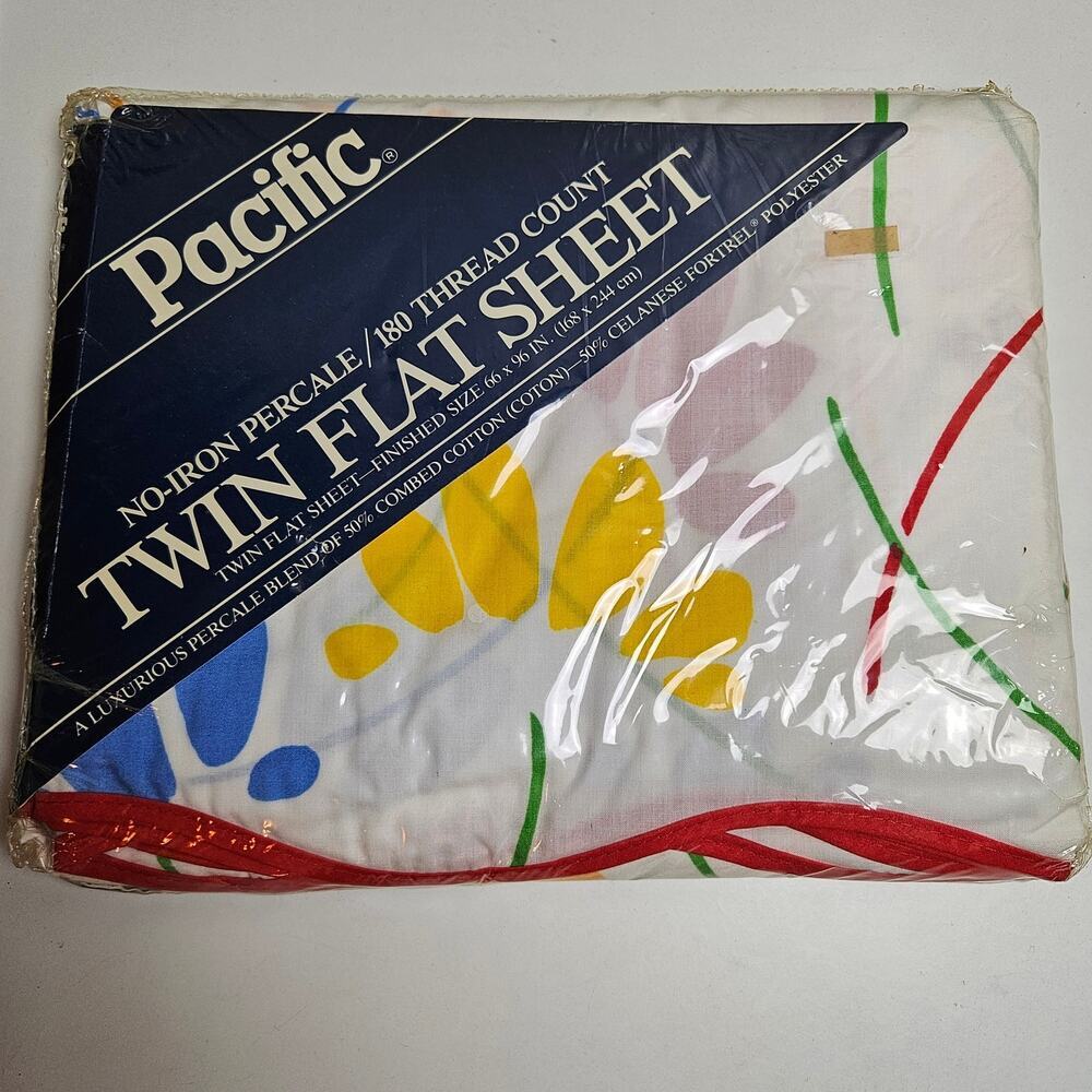 NEW Pacific Happy Flowers Percale Twin‎ Flat Sheet 180 Thread Count Vintage 90s